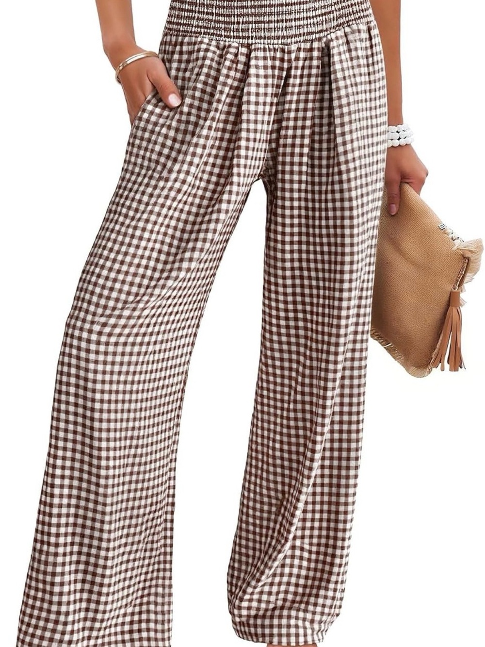 Smocked Waist Wide-Leg Gingham Pants in Brown and White